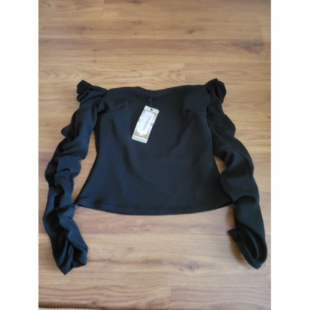 Boohoo Womens Black Off the Shoulder Ruched Long Sleeve Bardot Top US 4 NEW